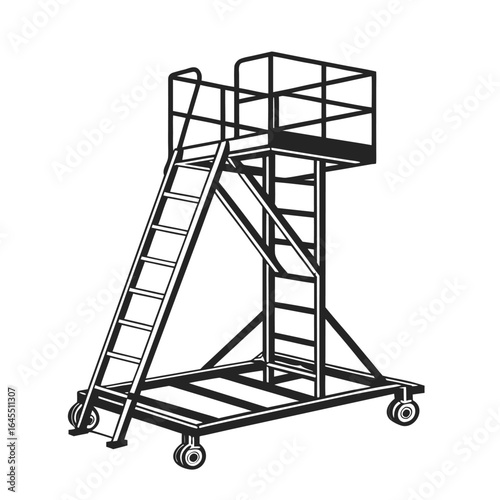 Mobile scaffold work platform with safety rails and ladder. Industrial equipment vector silhouette icon isolated on a white background.