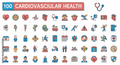Collection of colorful line icons depicting various aspects of cardiovascular health, including heart health, medical procedures, and lifestyle choices.