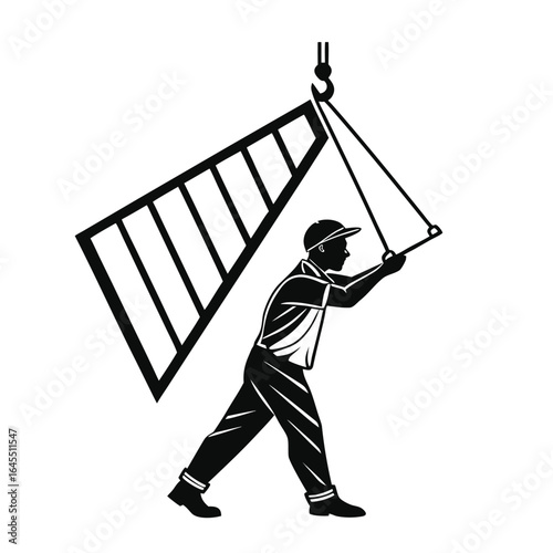 Silhouette of a Construction Worker Lifting a Prefabricated Panel with Crane Hook