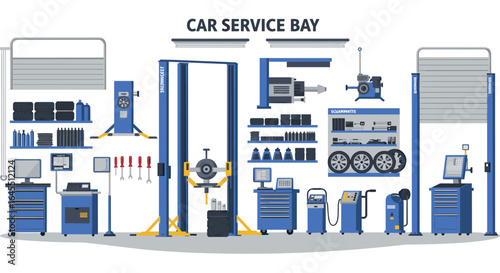 Modern car service bay with detailed auto repair equipment and tools