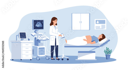 Pregnancy medical checkup with doctor performing ultrasound in clinic
