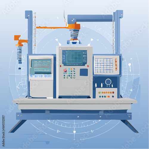 Advanced robotic arm and CNC machine control panel for industrial automation in a smart factory environment.