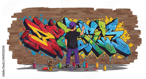 Urban artist creating colorful graffiti on brick wall in vivid street art style
