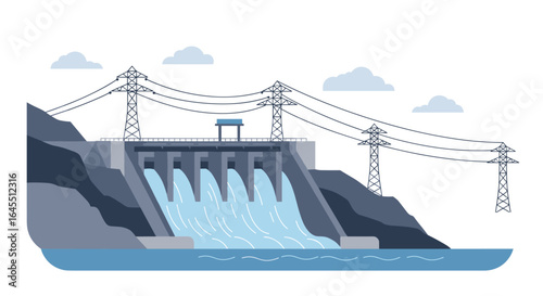 Hydroelectric dam generating sustainable energy with flowing water and power lines
