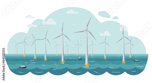Offshore wind turbines in ocean landscape with cloudy sky and sailboats