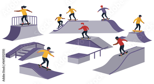 Skateboarders in action on ramps and rails at skate park in flat design