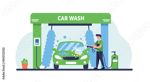 Flat design car wash scene with worker cleaning vehicle in automated station