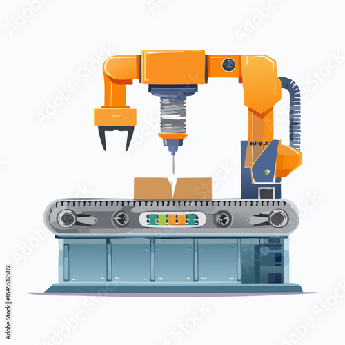 Automated production line concept with an industrial robotic arm and conveyor system for smart factory manufacturing.