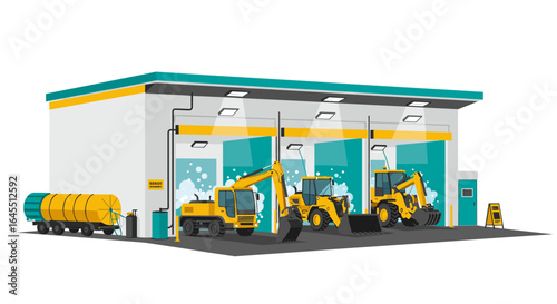 Modern construction equipment cleaning facility with machinery and tools