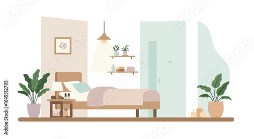 Cozy minimalist bedroom with plants and soft lighting in flat design