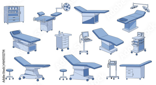Comprehensive collection of medical examination and surgical furniture in blue tones