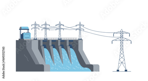 Hydroelectric power plant with water flowing and transmission towers in flat design