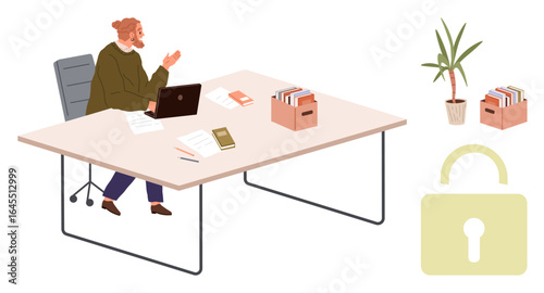 Person at desk using laptop surrounded by files, papers, plant, lock icon symbolizing data protection. Ideal for privacy, cybersecurity, work organization, office routine, safe workspace