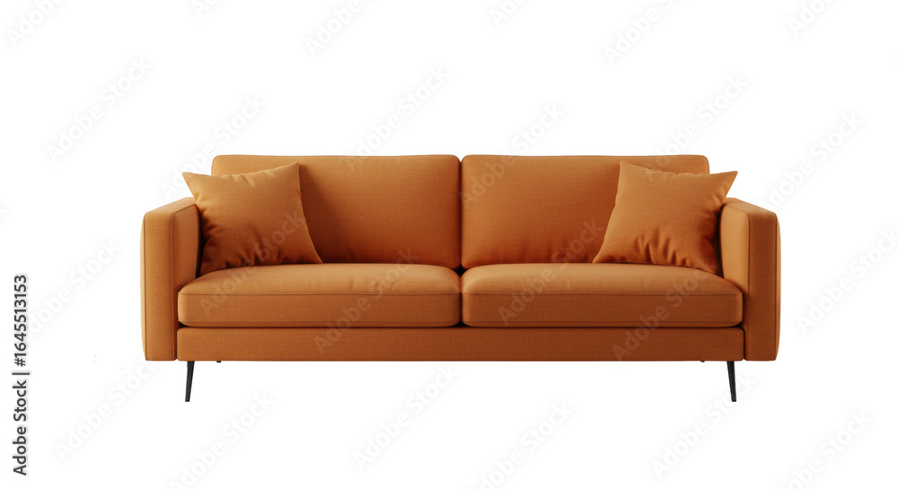 Fototapeta premium Plush, modern orange two-seater sofa with matching pillows on dark metal legs, in a brightly lit contemporary interior with a snake plant and side table. Concept of modern interior design and comfort