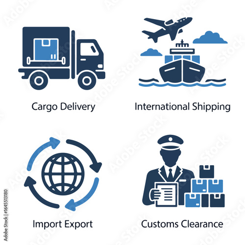 Illustrations depicting cargo delivery international shipping import export and customs clearance processes