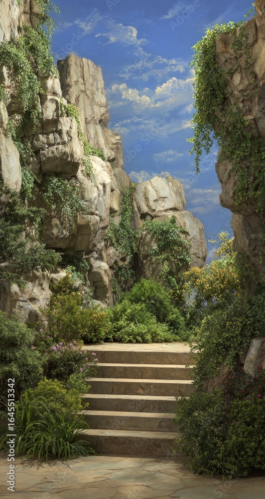 Obraz premium Stone steps ascend between lush, verdant rock formations under a vibrant blue sky; a tranquil, idyllic scene