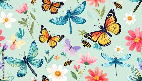 Delicate floral and insect pattern on a pastel background.