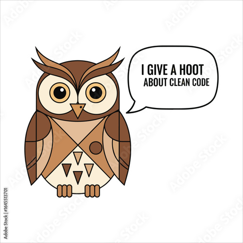 Vector art of owl giving a hoot about clean code isolated on white background
