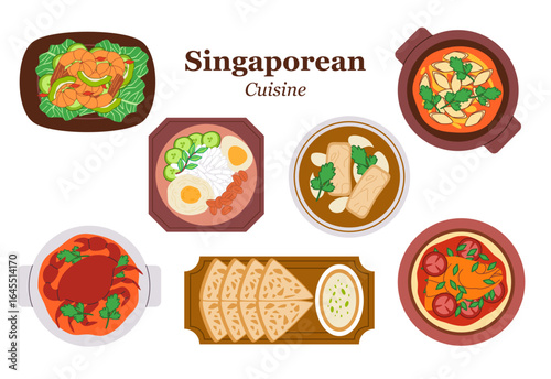 Popular Singaporean dishes food illustration. The collection features various traditional foods such as chili crab laksa satay nasi lemak prata roti toast and fish head curry oyster omelete