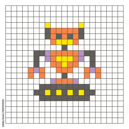 A flat pixel design made of geometric square color blocks on a clean grid layout. Pixel art robot