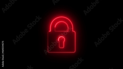 Red neon padlock icon glowing on a black background representing security and protection