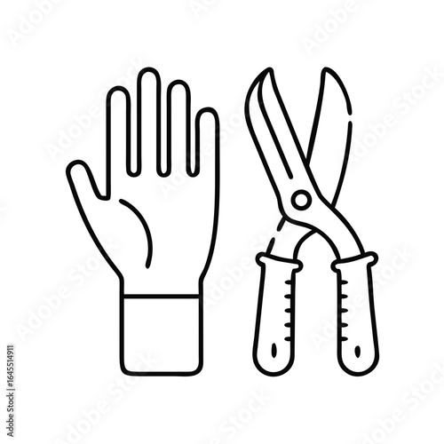 Single garden glove and pruning shears symbol icon with simple line drawing, suitable for gardeners and eco-campaigns.