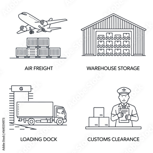 Illustration of global logistics featuring air freight warehouse storage loading dock and customs clearance