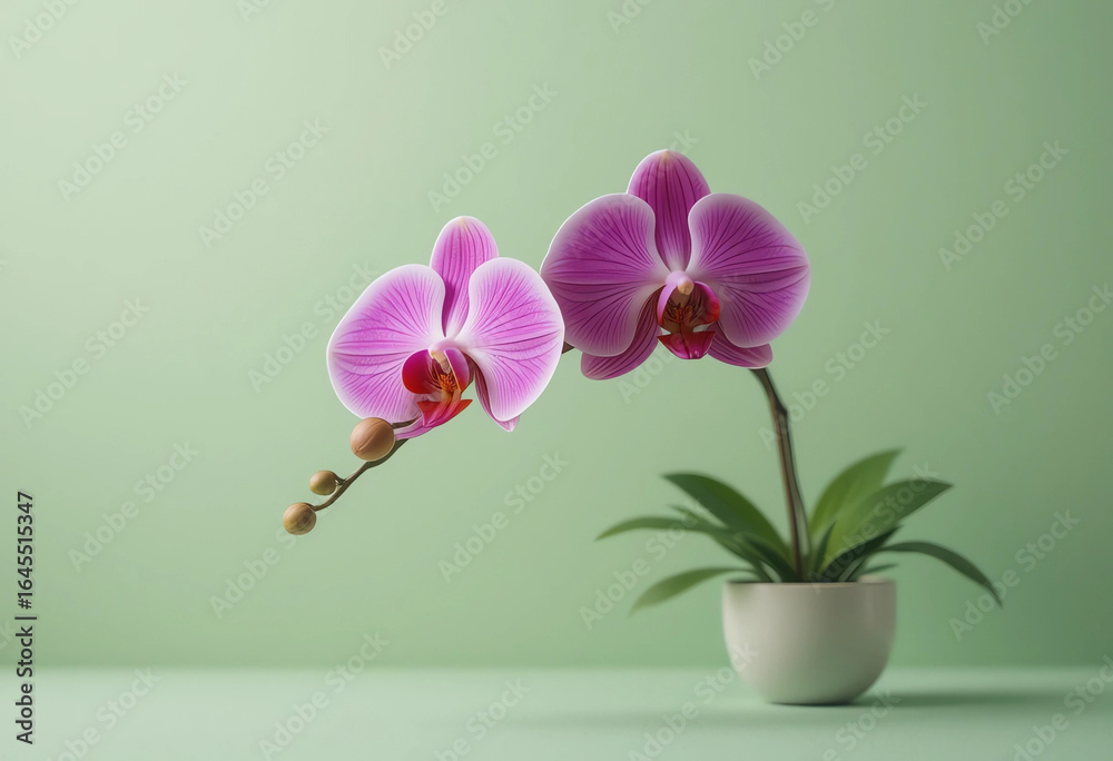 Obraz premium Minimalist orchid in small vase, pastel green background