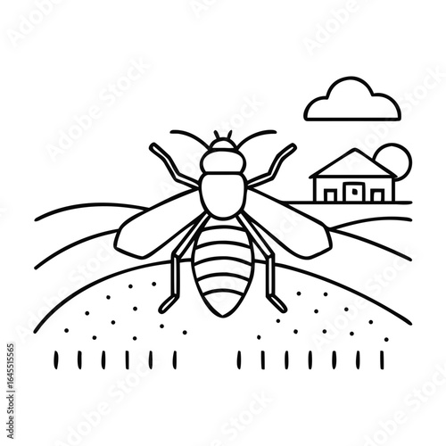 Bee illustration against a farm backdrop, ideal for promoting sustainable beekeeping and environmental awareness