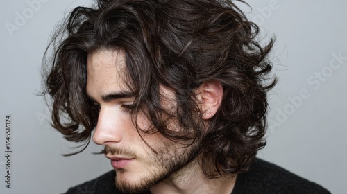Profile portrait of a man with long messy wavy hair
