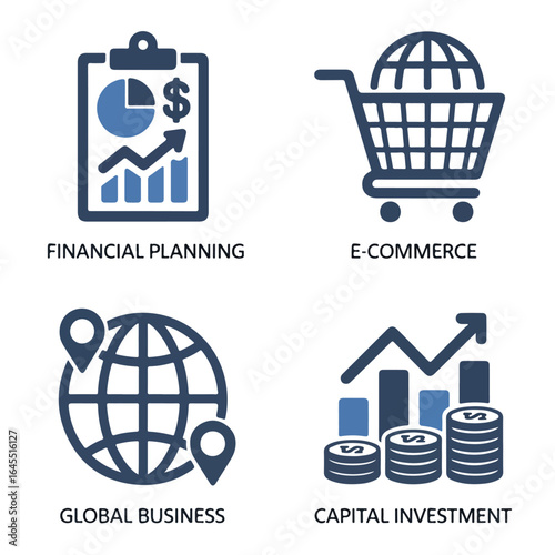 Illustration showing financial planning e commerce global business and capital investment icons