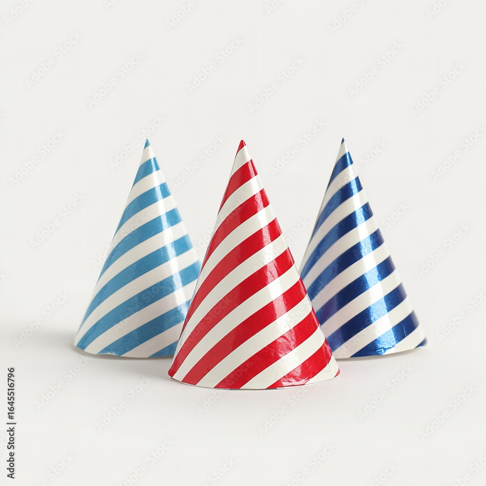 Obraz premium Three party hats with striped patterns in blue and red colors on a clean white surface in a studio shot