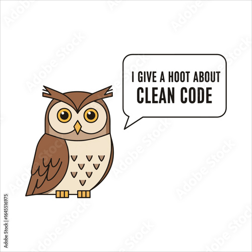 Vector art of cute owl gives a hoot about clean code isolated on white background
