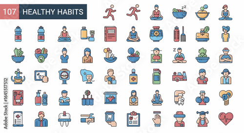 Collection of colorful line icons depicting various healthy habits and lifestyle choices.