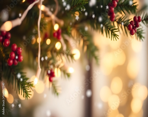 Christmas Tree Branch with Lights and Berries – Festive Holiday Background