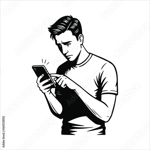 Vector art of man using smartphone with concerned expression isolated on white background