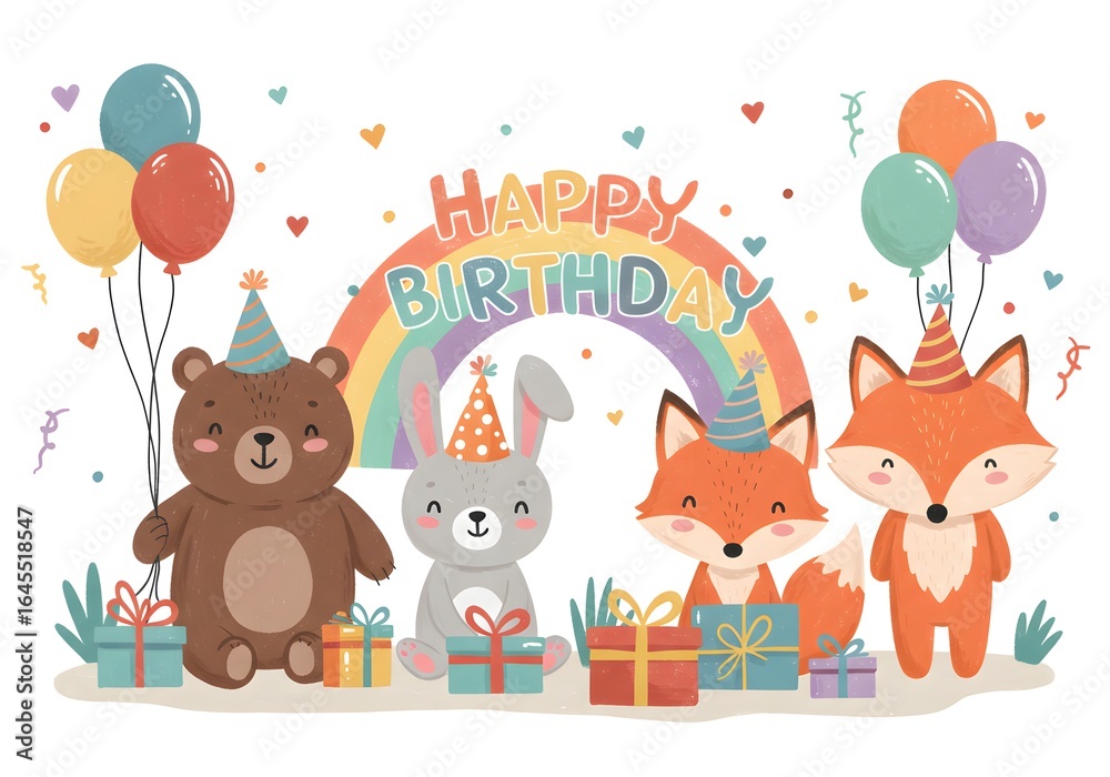Naklejka premium Cute woodland animals celebrating a birthday