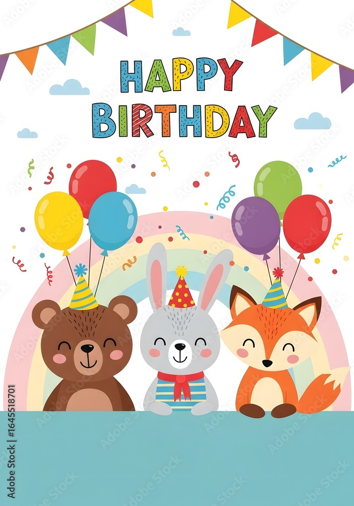 Cute cartoon birthday card with animals and rainbow Cute cartoon birthday card with animals and rainbow