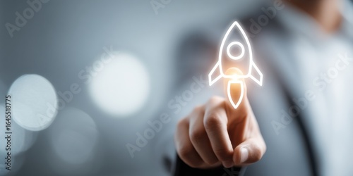 Innovative professional launches startup concept with creative digital rocket illustration