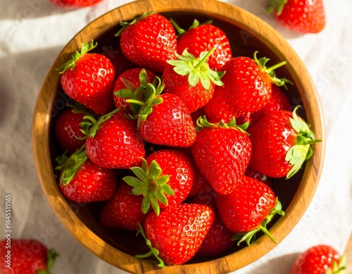 Fresh Strawberries in Wooden Bowl