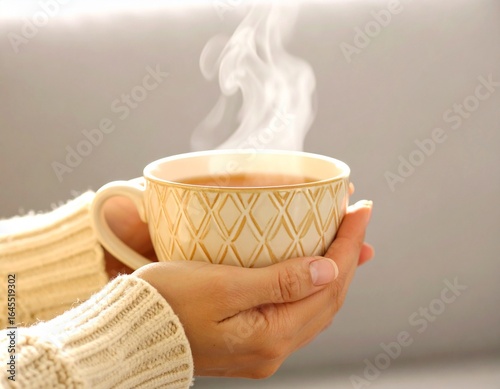 Hand Holding Cup of Hot Tea with Steam