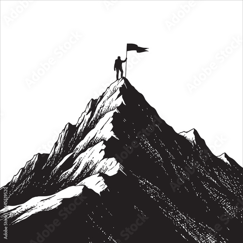 Vector art of man on mountain peak with flag, success concept isolated on white background