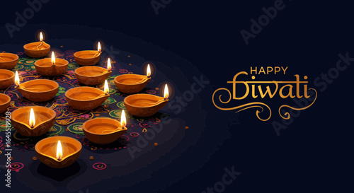 Elegant Diwali Celebration Background with Lit Oil Lamps and Golden Lettering