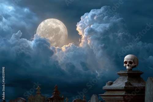 Full moon illuminates a skull atop a tombstone amid a graveyard Dark clouds fill the sky