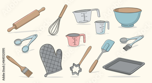 Illustration showcasing various baking tools including a whisk, rolling pin, and measuring cups set up nicely