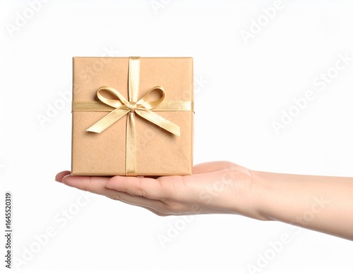 Hand Holding Small Gift Box with Ribbon