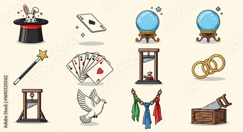 A collection of magic themed illustrations featuring cards, a rabbit, and other magical items