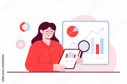 Confident analyst meticulously examining financial data trends and growth charts with a magnifying glass for insightful business strategy development and research.
