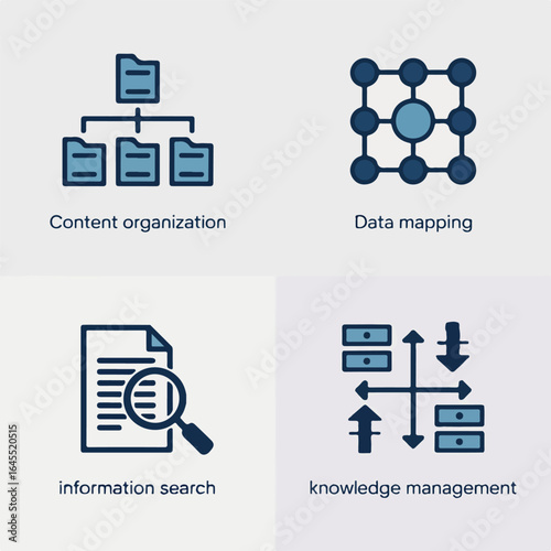 Four icons depicting content organization data mapping information search and knowledge management on a light background