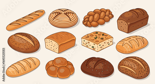 A selection of twelve different types of bread loafs and rolls arranged on a light background color